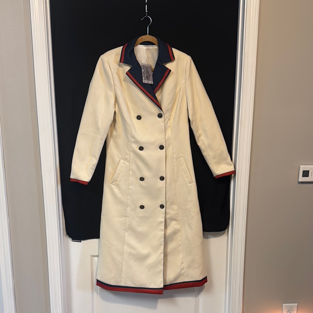 Elegant Cream And Blue Double-Breasted Trench Coat